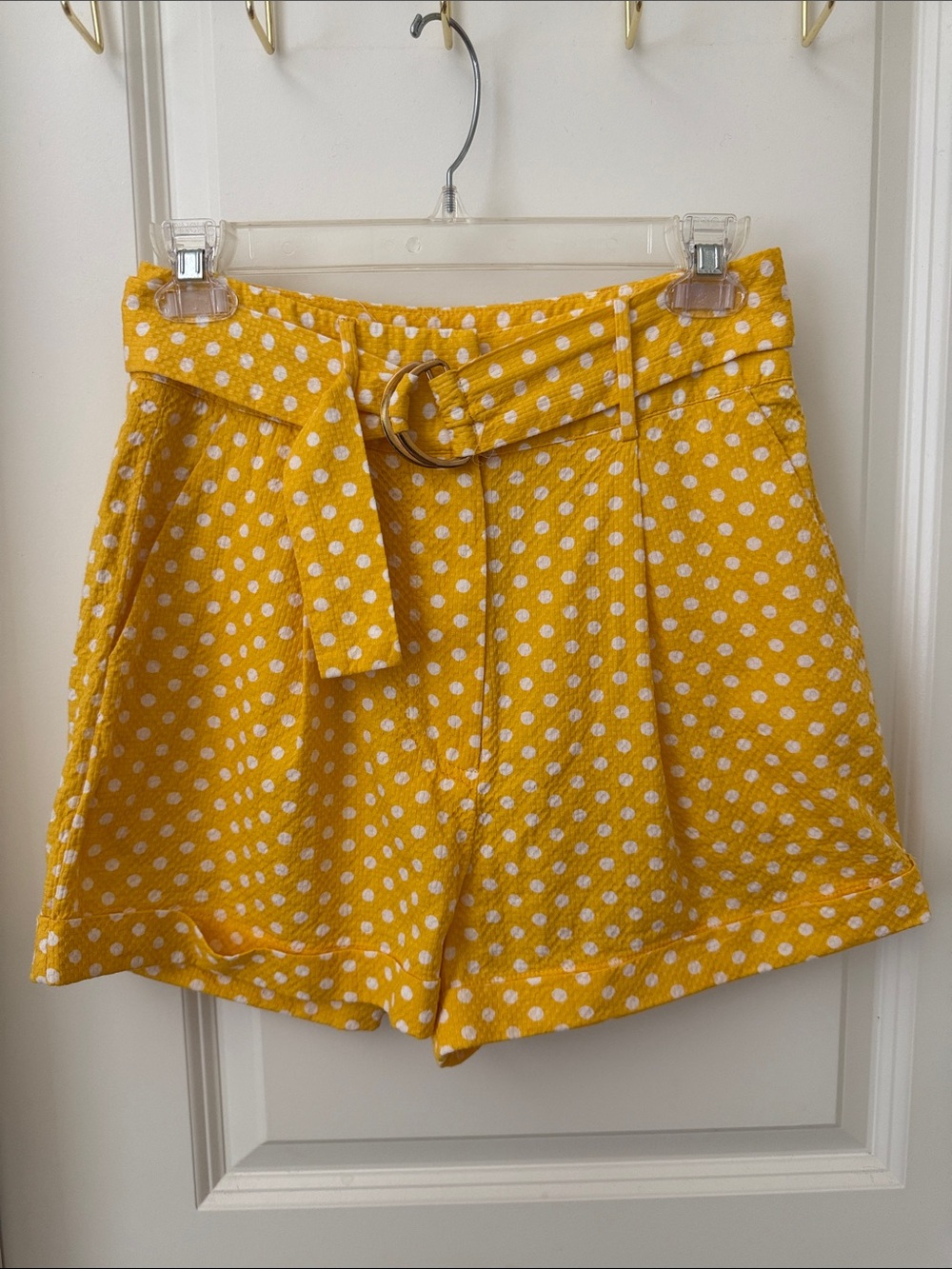 Tularosa Yellow & White Polka Dot High-Waist Belted Shorts